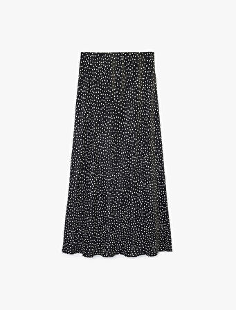 Viskon Puantiyeli Dantel Detaylı Midi Saten Çan Etek