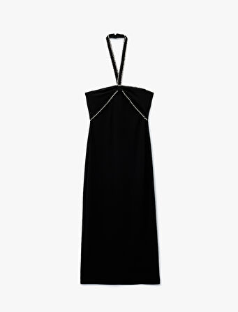 Boyundan Bağlamalı Midi Boy Taşlı Kadife Elbise