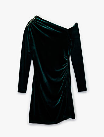  Slim Fit Uzun Kollu Asimetrik Yaka Taşlı Mini Kadife Elbise