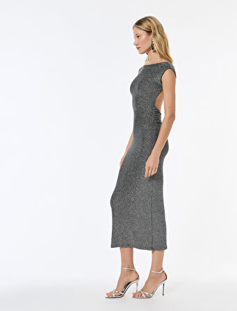 Kayık Yuvarlak Yaka Kolsuz Parıltılı Midi Boy Sırt Dekolteli Kalem Elbise