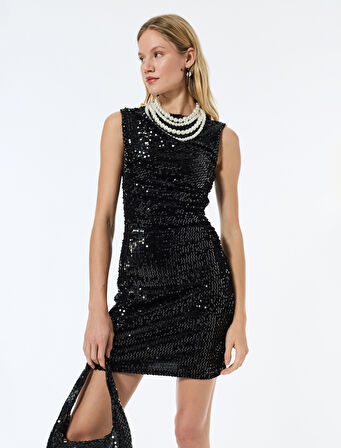 Drapeli Kolsuz Bisiklet Yaka Pullu Payetli Mini Elbise