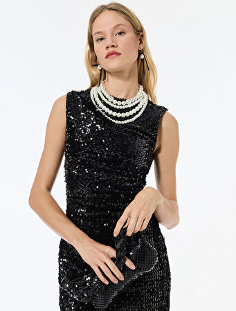 Drapeli Kolsuz Bisiklet Yaka Pullu Payetli Mini Elbise