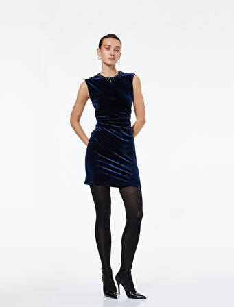 Kolsuz İşleme Detaylı Bisiklet Yaka Slim Fit  Elbise