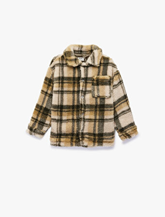 Cep Detaylı Uzun Kollu Ekoseli Polar Ceket