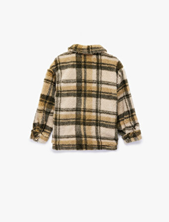 Cep Detaylı Uzun Kollu Ekoseli Polar Ceket