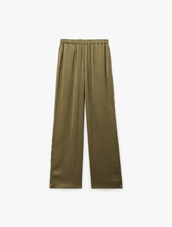 Aerobin Kumaş Beli Lastikli Cepli Geniş Paça Saten Pantolon