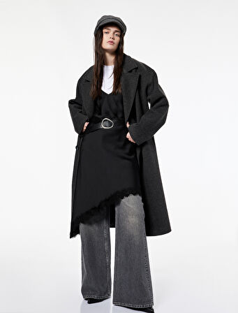 Koton X Şahika Ercümen - Oversize Kaban Kaşe Uzun Düğmeli Cepli Kruvaze