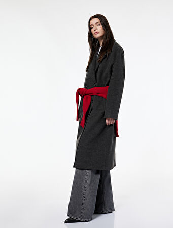 Koton X Şahika Ercümen - Oversize Kaban Kaşe Uzun Düğmeli Cepli Kruvaze