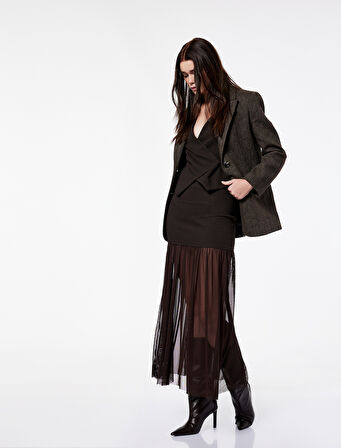 Koton X Şahika Ercümen - Slim Fit Tül Detaylı Midi Etek