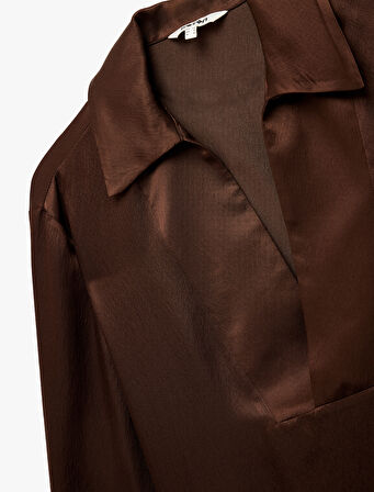 Koton X Şahika Ercümen - Bol Kalıp Uzun Kollu Kaçık Yaka Saten Gömlek