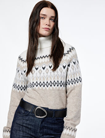 Koton X Şahika Ercümen - Uzun Kollu Balıkçı Yaka Desenli Örgü Kazak