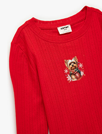 Bisiklet Yaka Köpek Baskılı Uzun Kollu Tişört