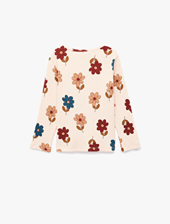 Pamuklu Uzun Kollu Bisiklet Yaka Çiçekli Tişört