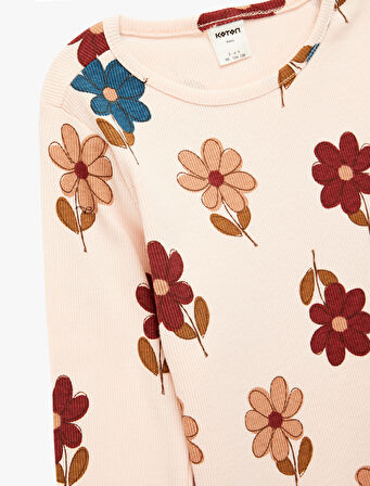 Pamuklu Uzun Kollu Bisiklet Yaka Çiçekli Tişört