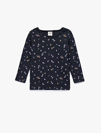 Pamuklu Bisiklet Yaka Çiçekli Uzun Kollu Tişört