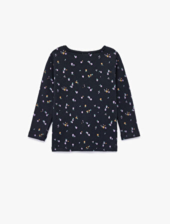 Pamuklu Bisiklet Yaka Çiçekli Uzun Kollu Tişört