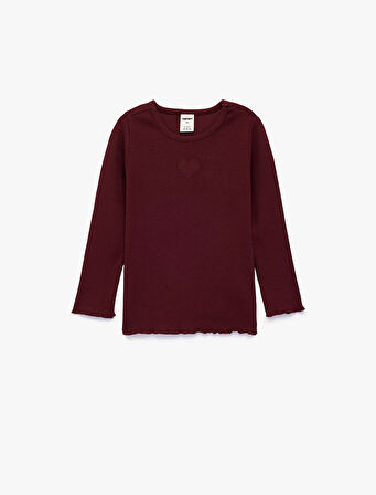 Kalp Detaylı Uzun Kollu Bisiklet Yaka Pamuklu Tişört