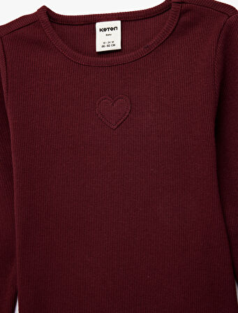 Kalp Detaylı Uzun Kollu Bisiklet Yaka Pamuklu Tişört