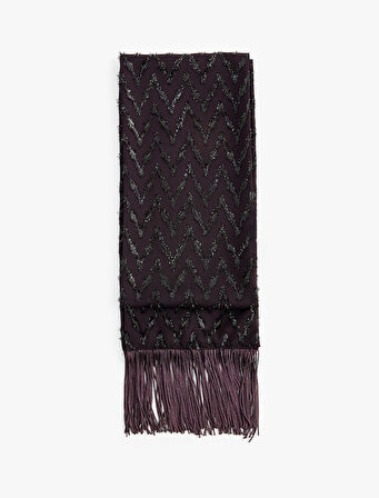 Püsküllü Zikzak Desenli Simli Uzun Atkı