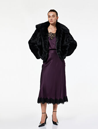 Slim Fit Dantel Detaylı Midi Saten Etek