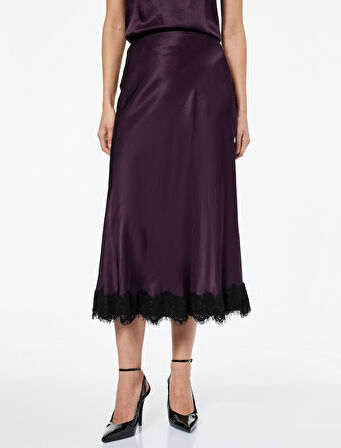 Slim Fit Dantel Detaylı Midi Saten Etek