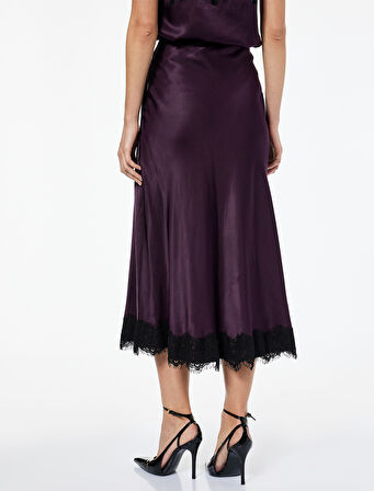 Slim Fit Dantel Detaylı Midi Saten Etek