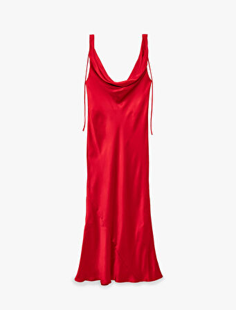 Kolsuz Degaje Yaka Viskon Karışımlı Saten Uzun Abiye Elbise