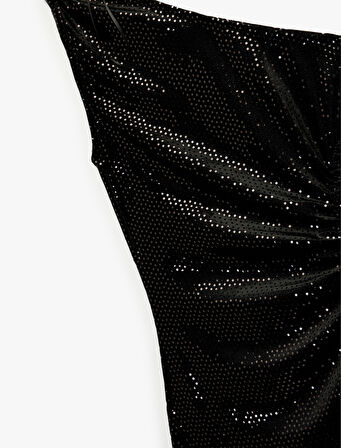 Kolsuz Kayık Yaka Slim Fit Metal Aksesuarlı Payetli Midi Abiye Elbise