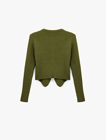 Uzun Kollu Bisiklet Yaka Düğmeli Asimetrik Etek Ucu Detaylı Triko Hırka