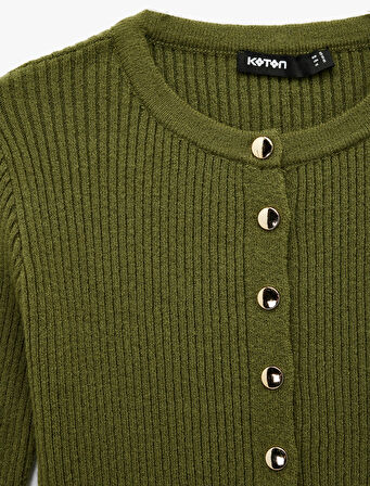 Uzun Kollu Bisiklet Yaka Düğmeli Asimetrik Etek Ucu Detaylı Triko Hırka