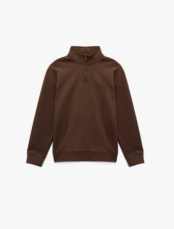 Pamuklu Uzun Kollu Yarım Fermuarlı Dik Yaka Sweatshirt