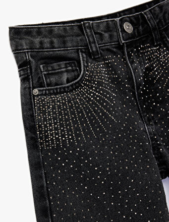 Pamuklu Taş Detaylı Geniş Paça Denim Pantolon