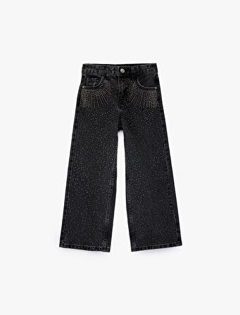 Pamuklu Taş Detaylı Geniş Paça Denim Pantolon
