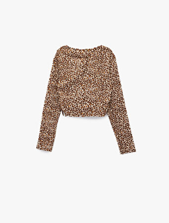 Leopar Desenli Uzun Kollu Bisiklet Yaka Crop Bluz