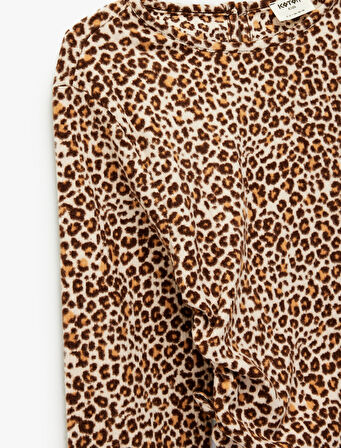 Leopar Desenli Uzun Kollu Bisiklet Yaka Crop Bluz