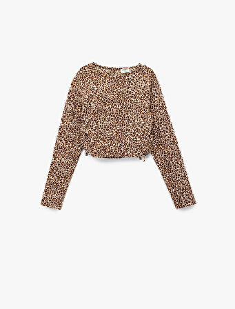 Leopar Desenli Uzun Kollu Bisiklet Yaka Crop Bluz