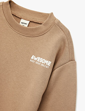 Pamuklu Uzun Kollu Bisiklet Yaka Baskılı Oversize Sweatshirt