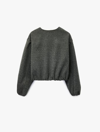 Cepli Uzun Kollu Bisiklet Yaka Crop Taşlı Kaşe Bomber Ceket