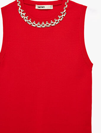 Bisiklet Yaka Kolsuz Taşlı Triko Bluz