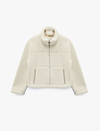 Cepli Uzun Kollu Fermuarlı Dik Yaka Crop Peluş Mont