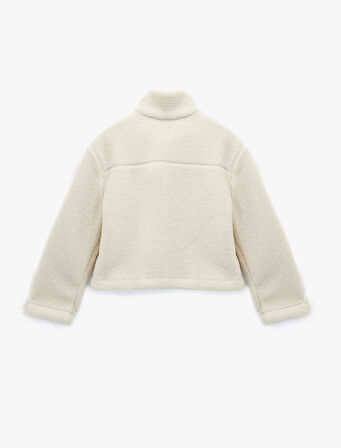 Cepli Uzun Kollu Fermuarlı Dik Yaka Crop Peluş Mont