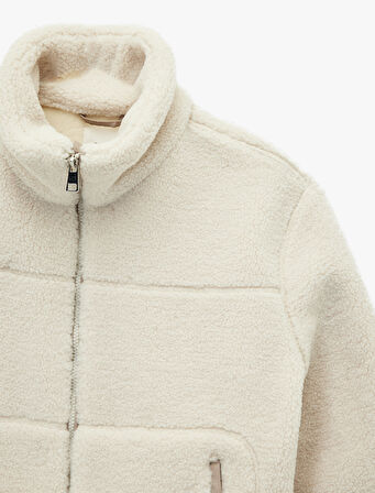 Cepli Uzun Kollu Fermuarlı Dik Yaka Crop Peluş Mont