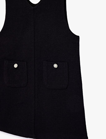 V Yaka Kolsuz Cep Detaylı Tüvit Jile Elbise