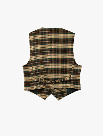 Regular Fit Düğmeli V Yaka Ekose Blazer Yelek