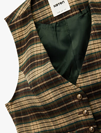 Regular Fit Düğmeli V Yaka Ekose Blazer Yelek