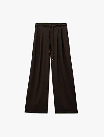 Pile Detaylı Cepli Kemerli Geniş Paça Palazzo Pantolon