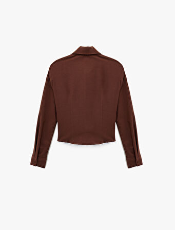Klasik Yaka Korse Görünümlü Slim Fit Uzun Kollu Crop Fermuarlı Gömlek