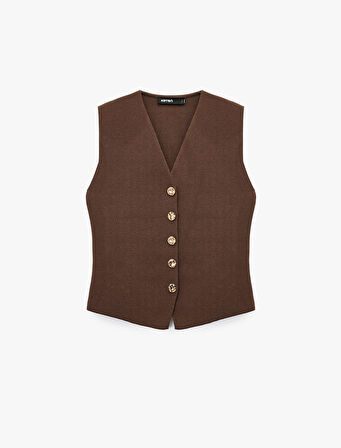 Gold Düğme Detaylı V Yaka Triko Yelek