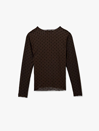 Yuvarlak Yaka Uzun Kollu Tül Puantiyeli Tişört