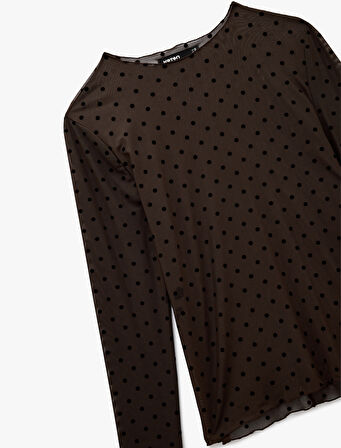 Yuvarlak Yaka Uzun Kollu Tül Puantiyeli Tişört